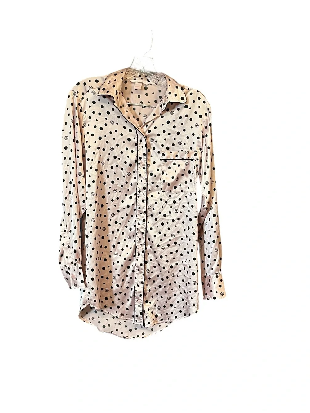 Victoria’s Secret Satin Sleep Shirt XS Pink Black Polka Dot Button Front Long